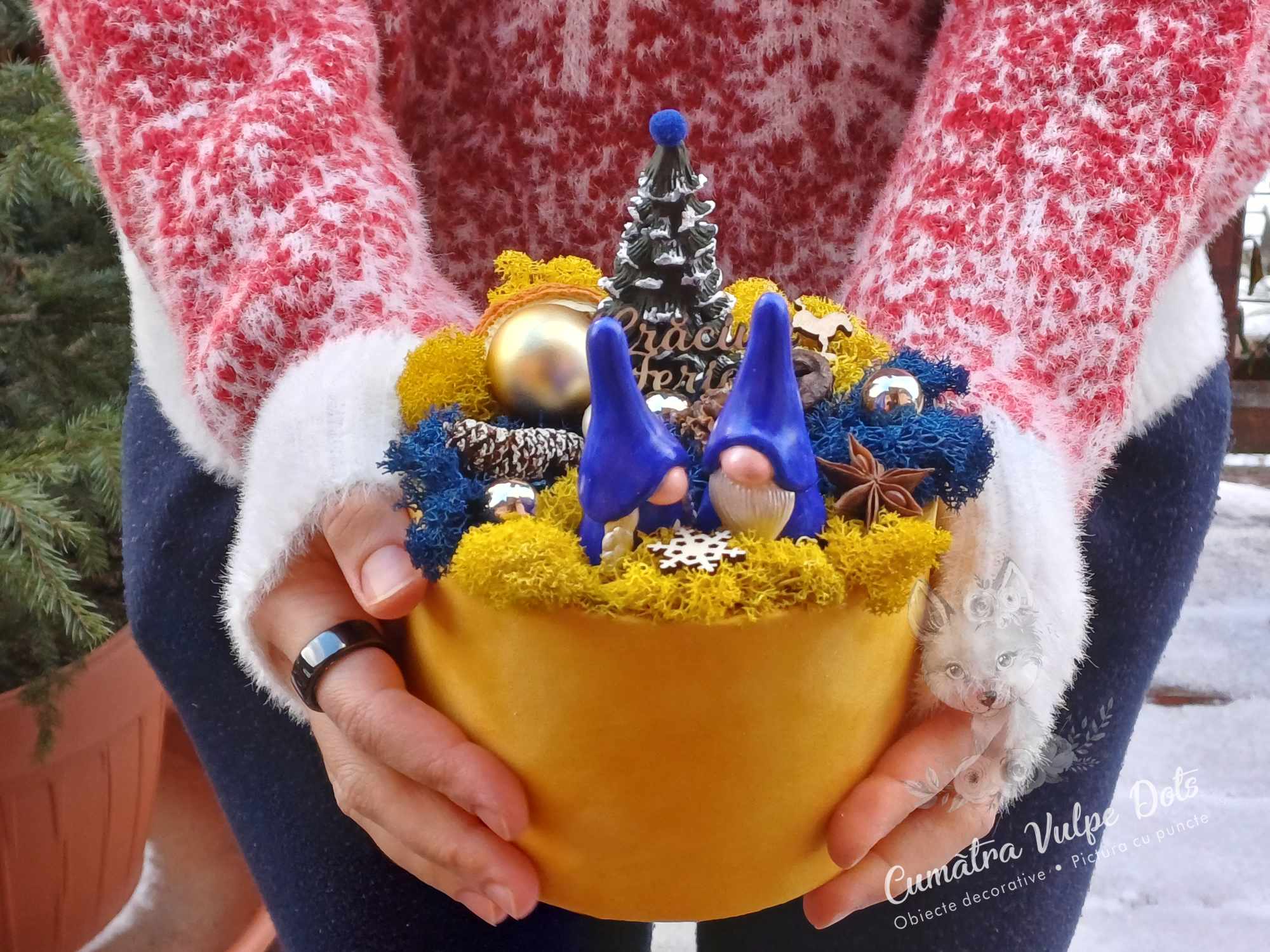 Decorațiune de iarnă cu licheni - cu doi gnomi și brăduț în cutie de catifea galbenă 1 Decorațiune de iarnă cu licheni - cu doi gnomi și brăduț în cutie de catifea galbenă